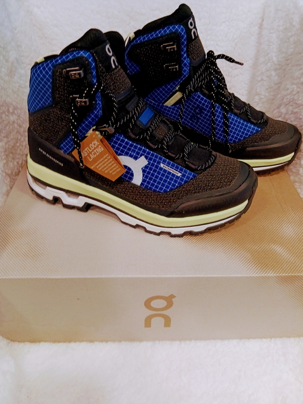 On Cloud Running Womens Waterproof Hiking Boots, Blue and Black with Lime Accent